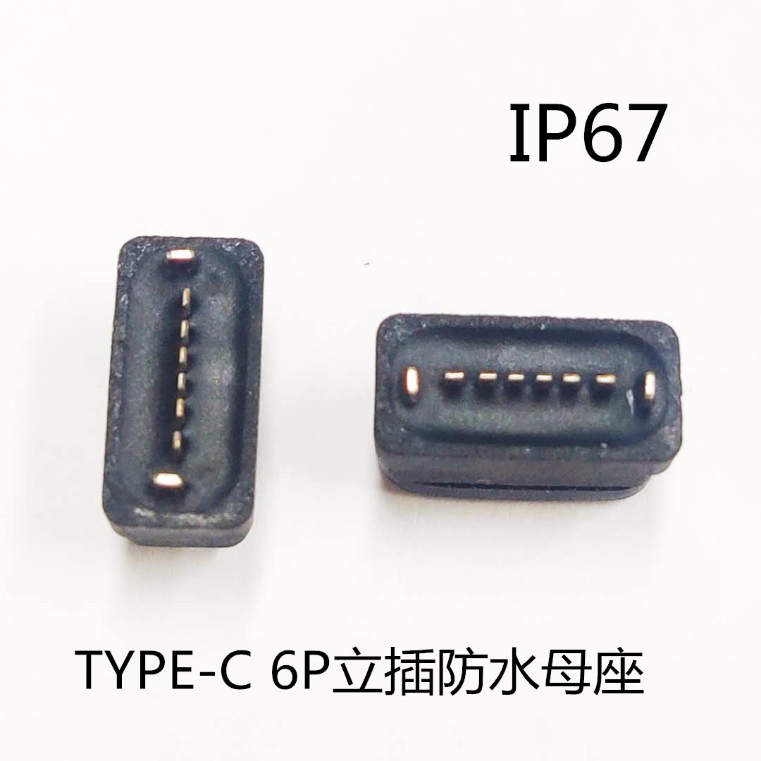 TYPE C 6P防水母座 180度直插短体两脚 全塑带防水圈 点胶